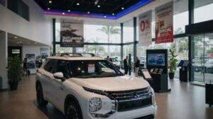 Mitsubishi vehicle on display in modern dealership showroom with promotional sale signage
