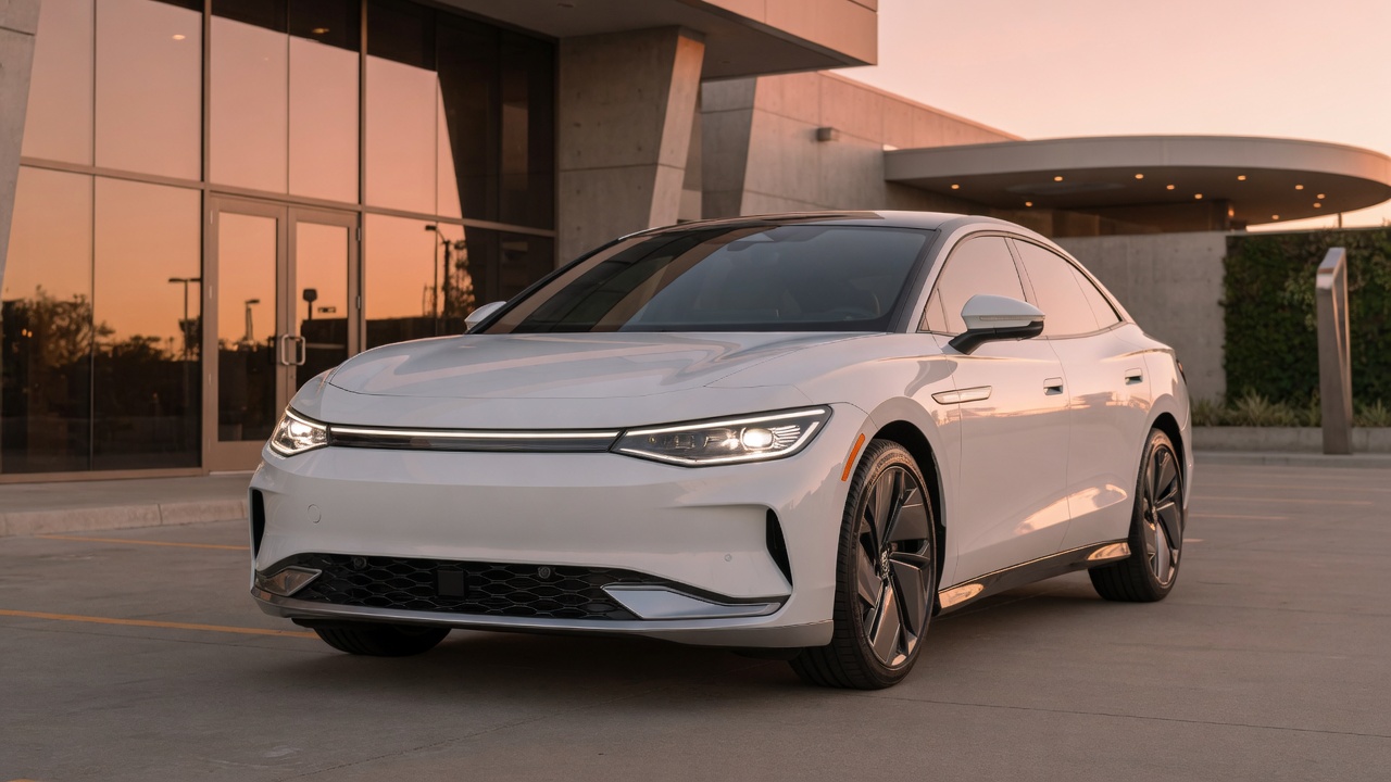 VW ID. Unyx 07 electric sedan showcasing its modern aerodynamic design and futuristic styling in urban setting