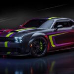 Dodge high-performance sports car concept with aggressive design and muscular stance in professional studio lighting