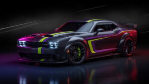 Dodge high-performance sports car concept with aggressive design and muscular stance in professional studio lighting