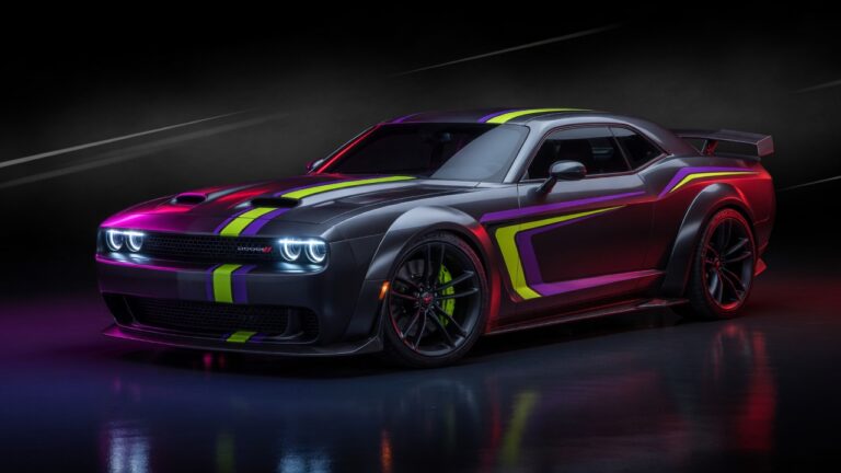Dodge high-performance sports car concept with aggressive design and muscular stance in professional studio lighting