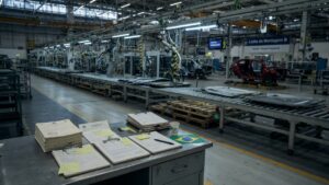 Empty automotive factory assembly line with government documents symbolizing program suspension