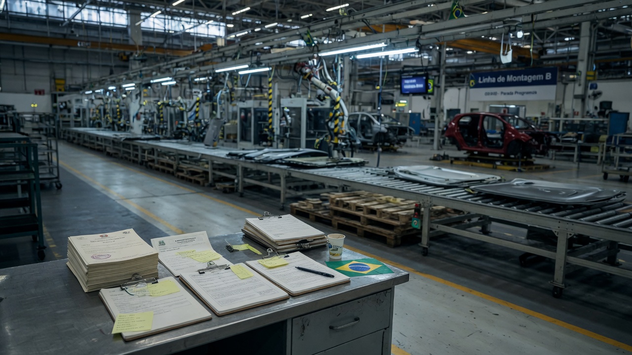 Empty automotive factory assembly line with government documents symbolizing program suspension