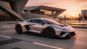 Futuristic Audi Nuvolari supercar concept with aggressive aerodynamic design and metallic silver finish
