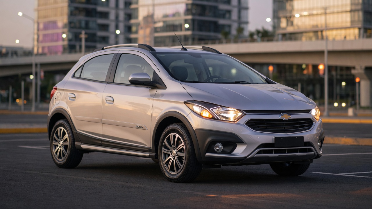 Chevrolet Onix Activ 2027 em prata metálico estacionado em ambiente urbano moderno com iluminação natural
