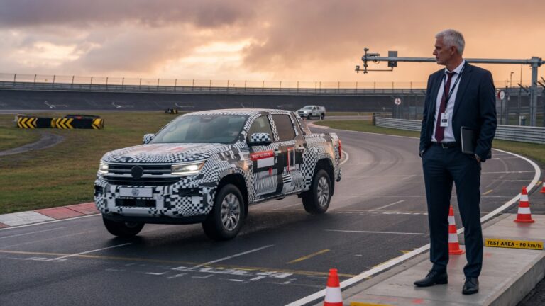 Nova Volkswagen Amarok em fase de pré-série sendo testada em pista profissional com CEO observando