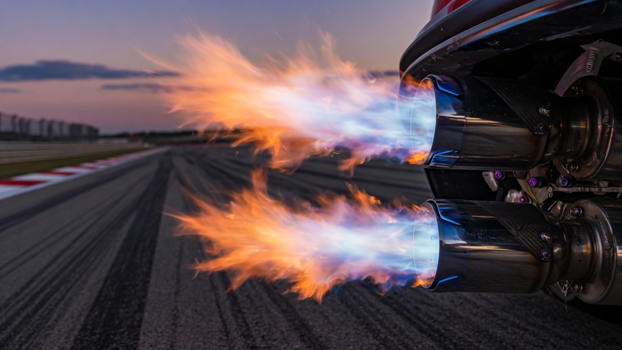 Close-up of sports car exhaust pipes shooting flames during deceleration on race track