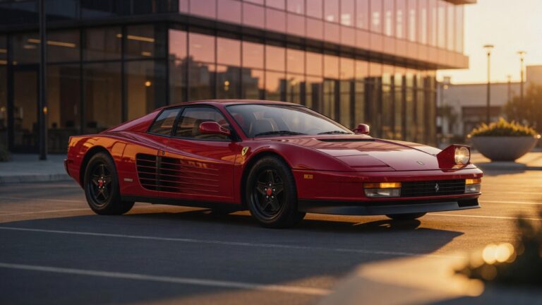 Ferrari Testarossa clássica vermelha em ângulo três quartos, destacando as icônicas entradas de ar laterais e design revolucionário dos anos 80