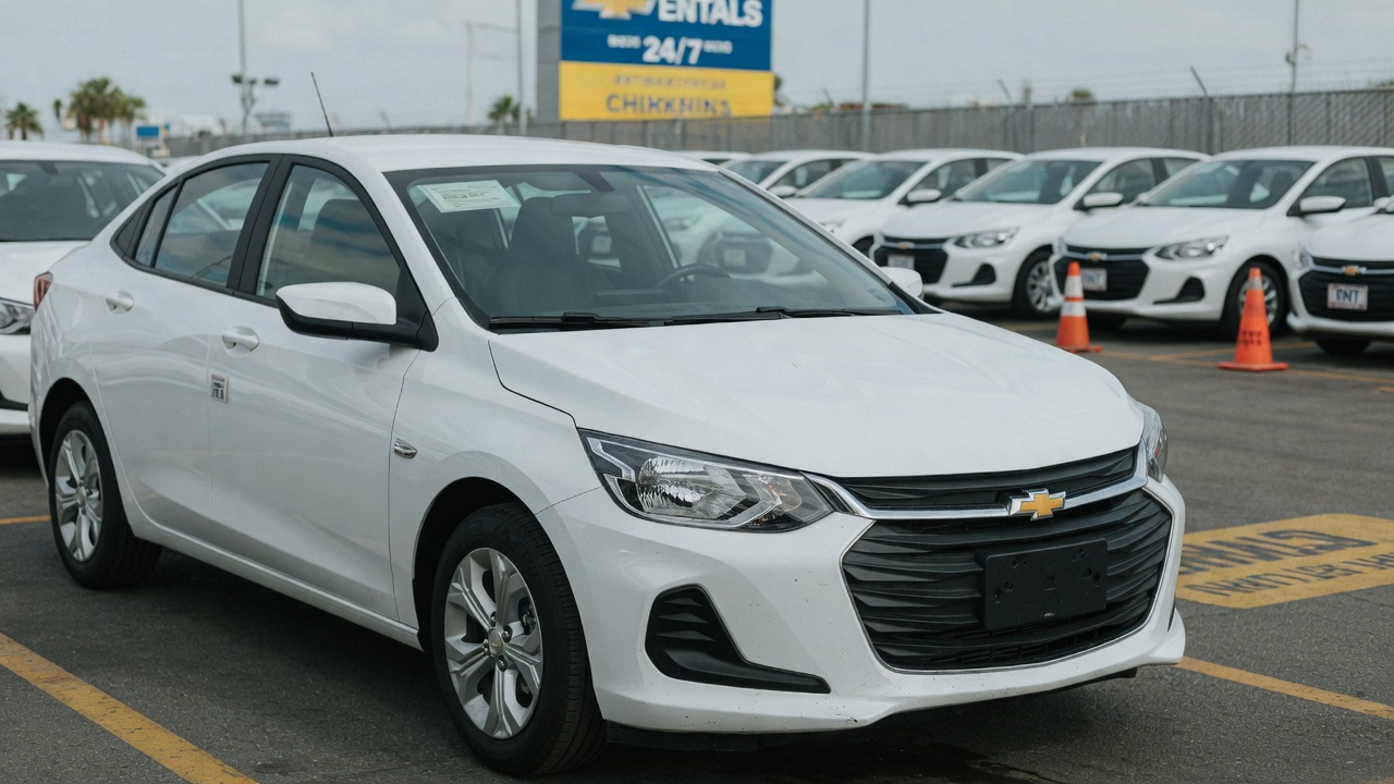 Chevrolet Onix sedan estacionado em pátio de locadora de veículos com frota ao fundo