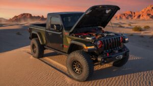 Jeep Scrambler SRT pickup truck with V8 engine in desert landscape - modern performance vehicle photography