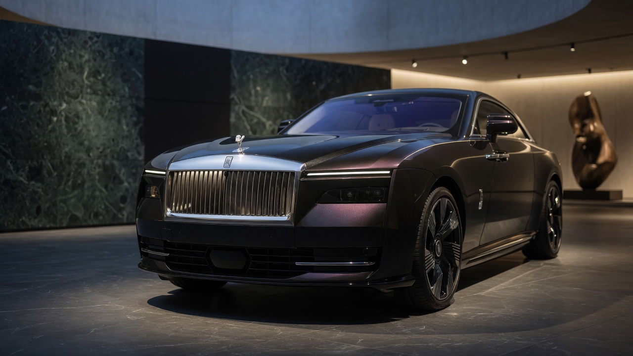 Rolls-Royce Spectre luxury electric vehicle in elegant setting with dramatic lighting showcasing premium design