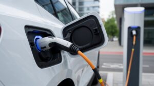 Volvo electric vehicle connected to a charging station showing the charging port and cable