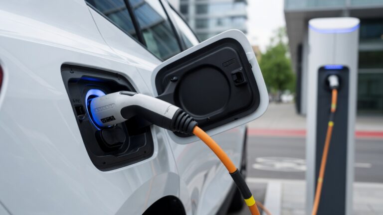 Volvo electric vehicle connected to a charging station showing the charging port and cable