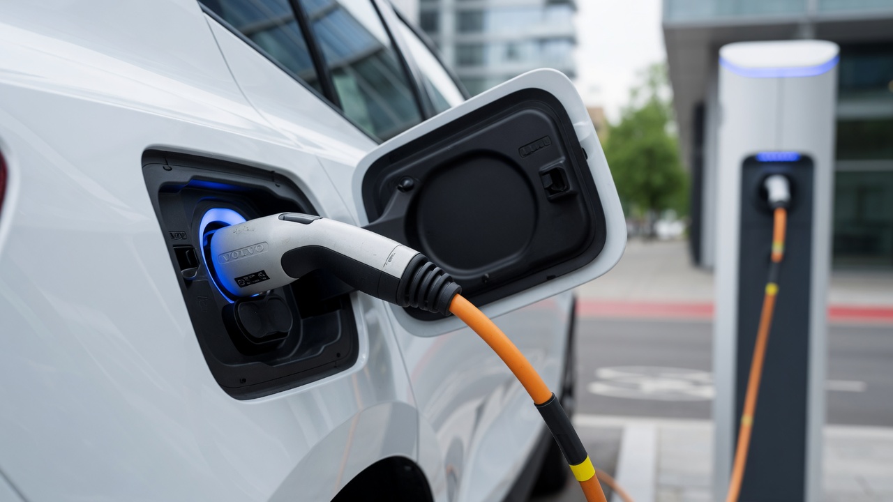 Volvo electric vehicle connected to a charging station showing the charging port and cable