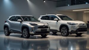 Toyota Yaris Cross e Corolla Cross lado a lado em showroom moderno com iluminação profissional