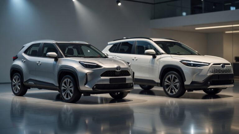 Toyota Yaris Cross e Corolla Cross lado a lado em showroom moderno com iluminação profissional