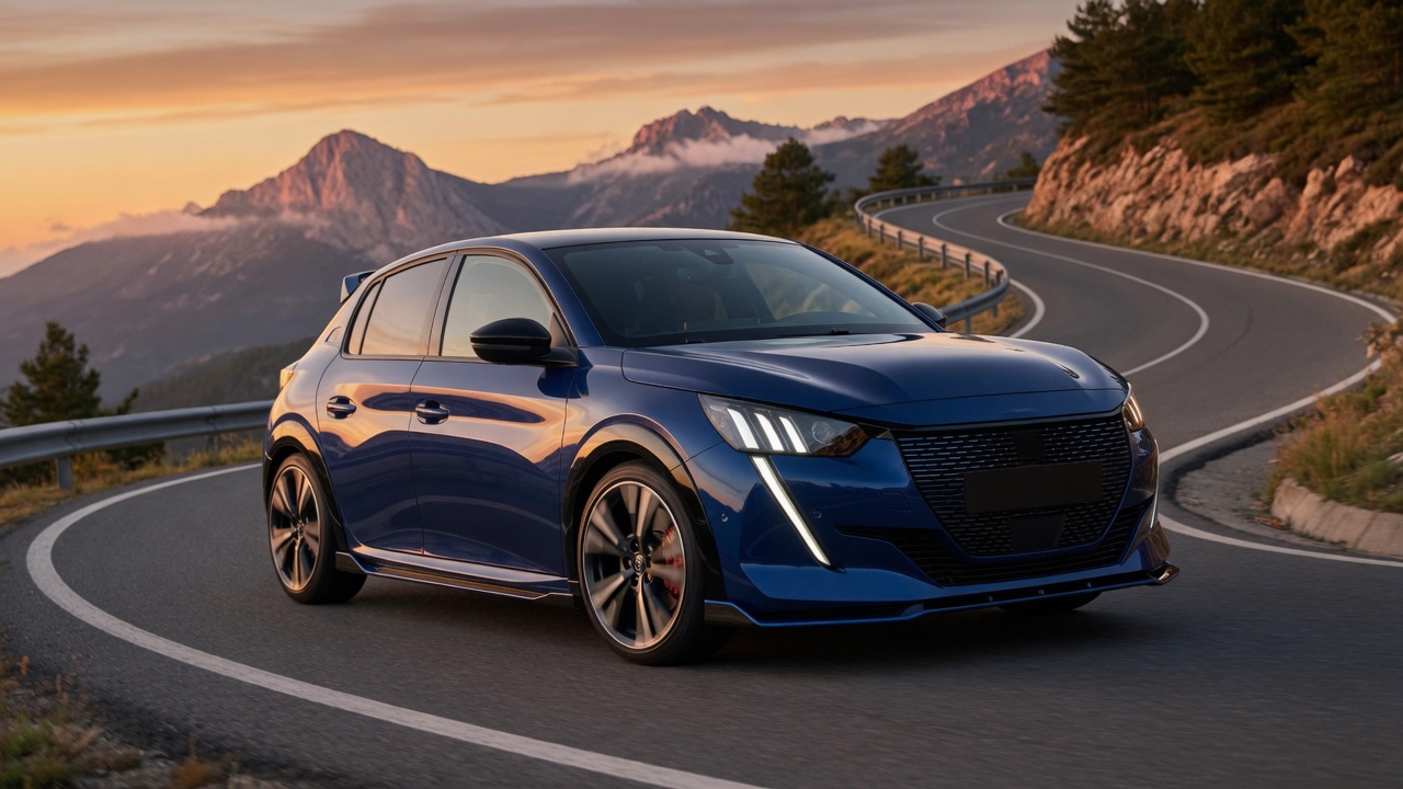 Peugeot e-208 GTi electric hot hatch on mountain road showcasing sporty design and performance engineering