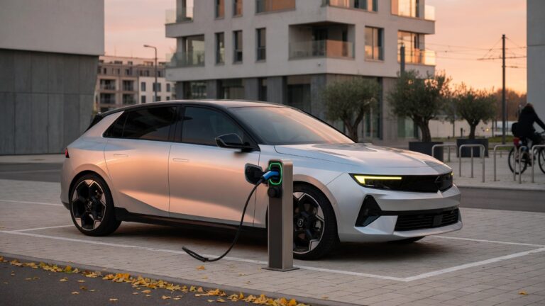 Modern Opel Astra electric SUV concept vehicle in European urban environment