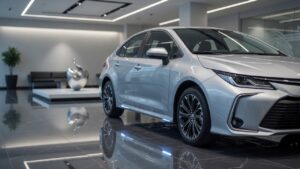 Toyota Corolla 2026 prateado em showroom premium, destacando design moderno e linhas sofisticadas do sedã