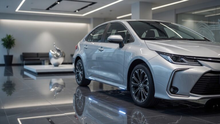 Toyota Corolla 2026 prateado em showroom premium, destacando design moderno e linhas sofisticadas do sedã