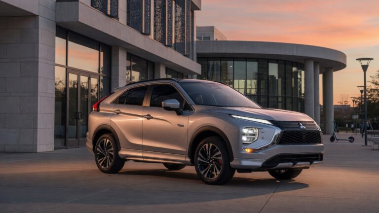 Modern Mitsubishi Eclipse electric crossover SUV in silver, photographed from front three-quarter angle in urban setting
