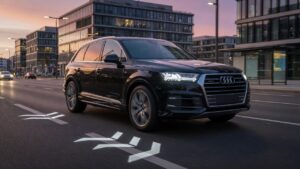 Audi Q7 luxury SUV with advanced GPS suspension system projecting directional arrows onto the road surface