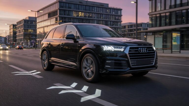 Audi Q7 luxury SUV with advanced GPS suspension system projecting directional arrows onto the road surface