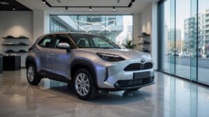 Toyota Yaris Cross SUV em showroom moderno com destaque para design e acabamento do veículo