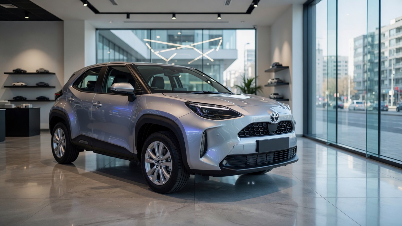 Toyota Yaris Cross SUV em showroom moderno com destaque para design e acabamento do veículo