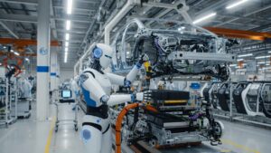 Humanoid robot working on electric vehicle assembly line in modern automotive factory