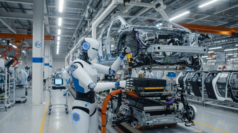 Humanoid robot working on electric vehicle assembly line in modern automotive factory