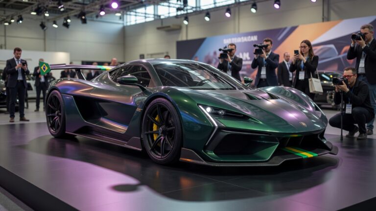 DuoExo Brazilian sports car on display at automotive exhibition with journalists in background