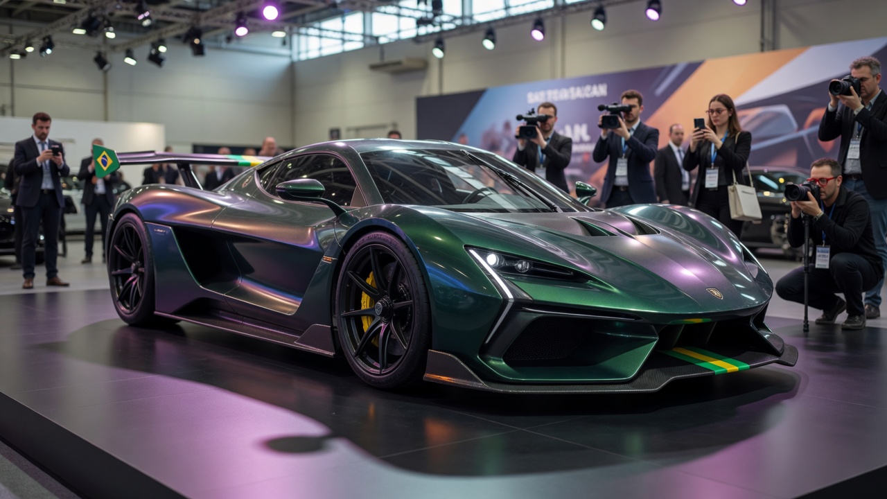 DuoExo Brazilian sports car on display at automotive exhibition with journalists in background