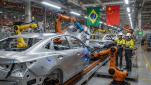 Automotive assembly line showing modern car manufacturing with international collaboration between Brazilian and Chinese automotive industries