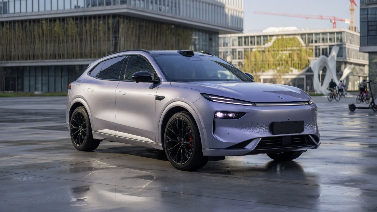 Geely EX5 electric SUV with modern flush door handles and sporty design in urban setting