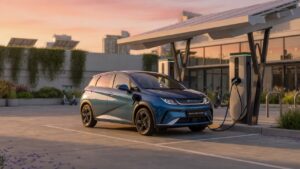 BYD Dolphin híbrido estacionado em posto de carregamento moderno com iluminação natural