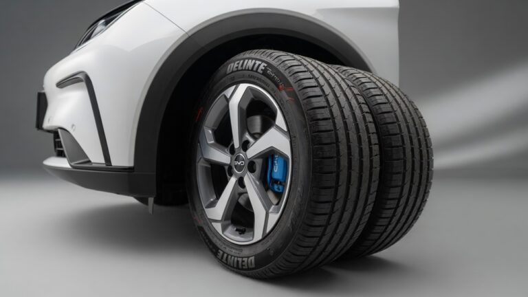 Close-up detail of BYD Dolphin's Delinte tire showing full tread depth and new condition