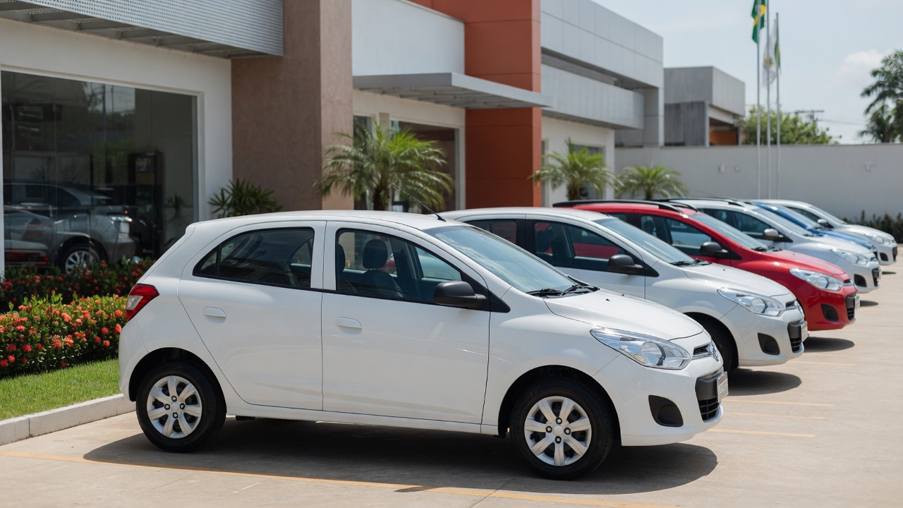 Carros econômicos populares alinhados em concessionária brasileira, representando os veículos mais baratos de manter em 2026
