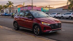 Hyundai i20 2027 com visual aventureiro e elementos de SUV compacto em rua urbana brasileira