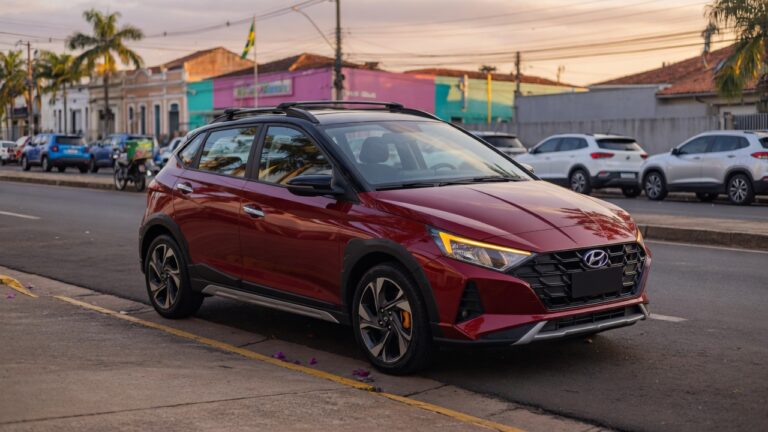 Hyundai i20 2027 com visual aventureiro e elementos de SUV compacto em rua urbana brasileira