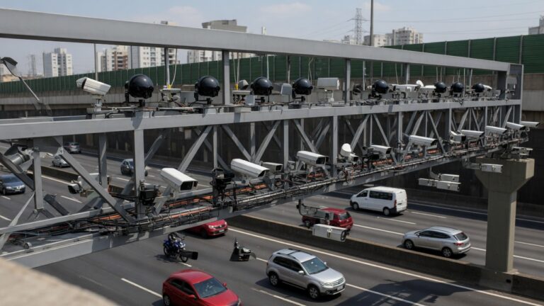 Sistema de pedágio free flow em rodovia brasileira com pórtico eletrônico e veículos passando sem parar