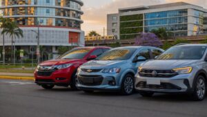 Três SUVs compactos estacionados lado a lado em ambiente urbano moderno - comparativo entre Chevrolet Sonic e rivais do segmento
