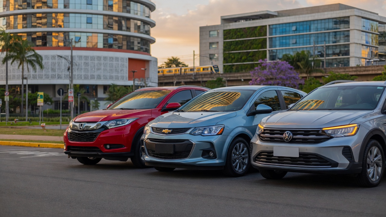 Três SUVs compactos estacionados lado a lado em ambiente urbano moderno - comparativo entre Chevrolet Sonic e rivais do segmento
