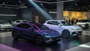 BYD electric vehicles on display in modern showroom representing the competition between BYD and Toyota in the global automotive market