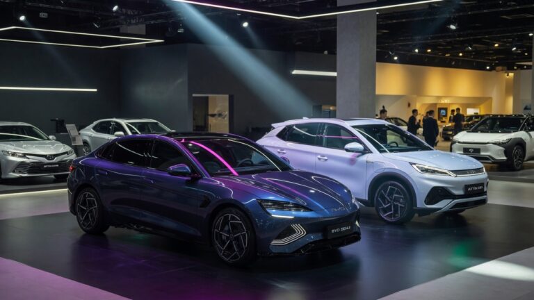 BYD electric vehicles on display in modern showroom representing the competition between BYD and Toyota in the global automotive market