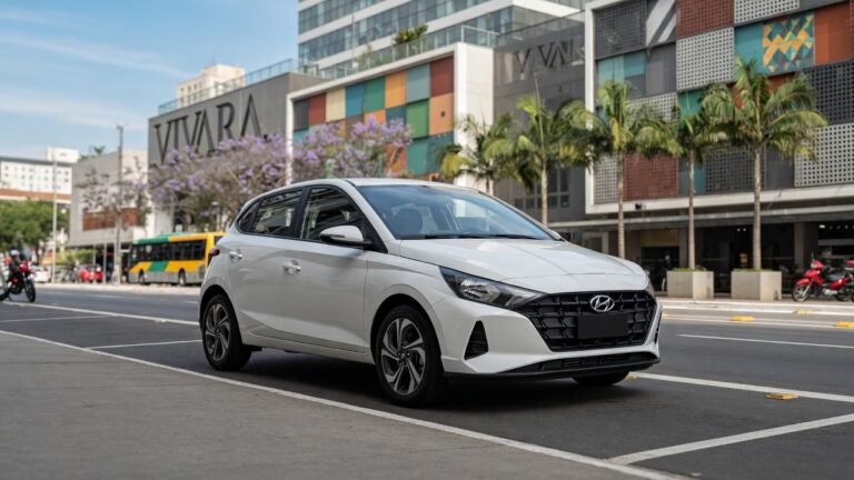 Hyundai i20 Comfort 2027 estacionado em ambiente urbano brasileiro, vista frontal em três quartos