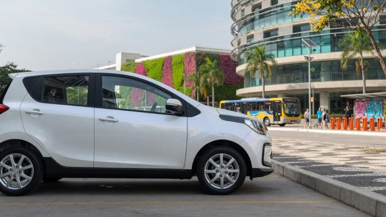 JAC E-JS1 carro elétrico compacto estacionado em ambiente urbano moderno brasileiro