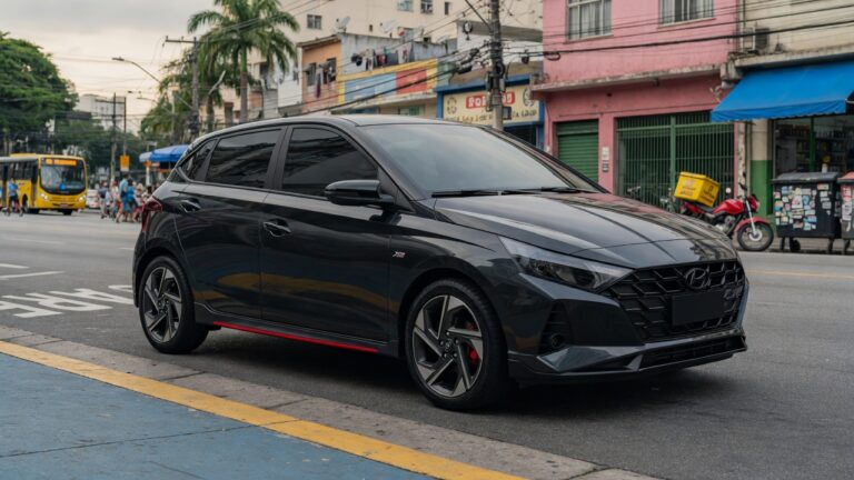 Hyundai i20 X Line com visual escurecido em cenário urbano brasileiro