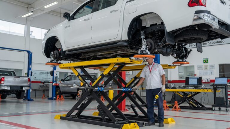 Toyota Hilux em centro de serviço oficial recebendo inspeção de sistema de estabilidade e suspensão
