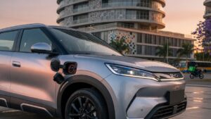 BYD Atto 2 hybrid plug-in SUV showcased in urban Brazilian setting with modern architecture